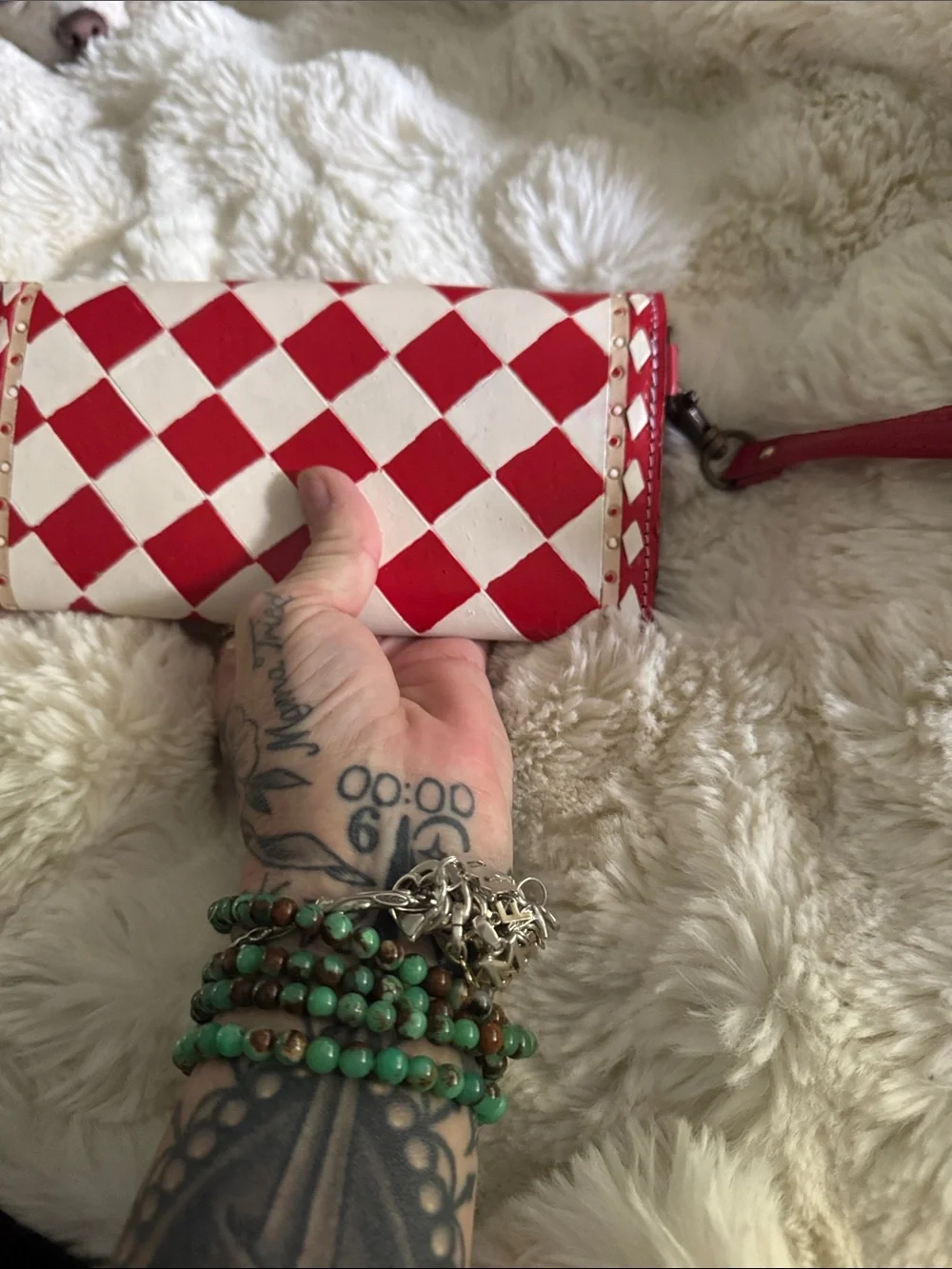 Hand painted  leather Red and White Diamond-Pattern Women's Clutch Wallet